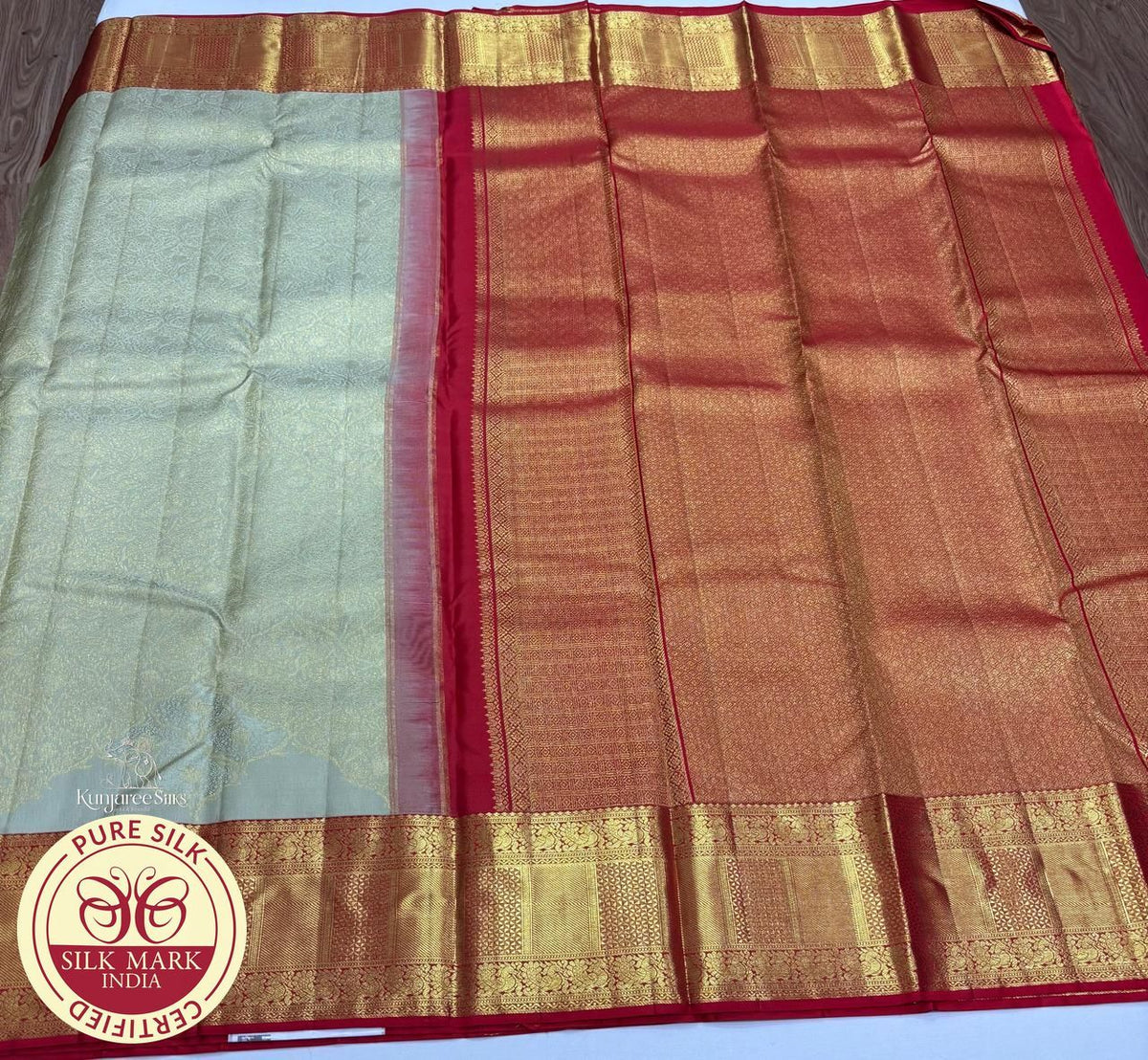 Champagne Gold & Royal Red Bridal Pure Kanjivaram Handloom Silk Saree