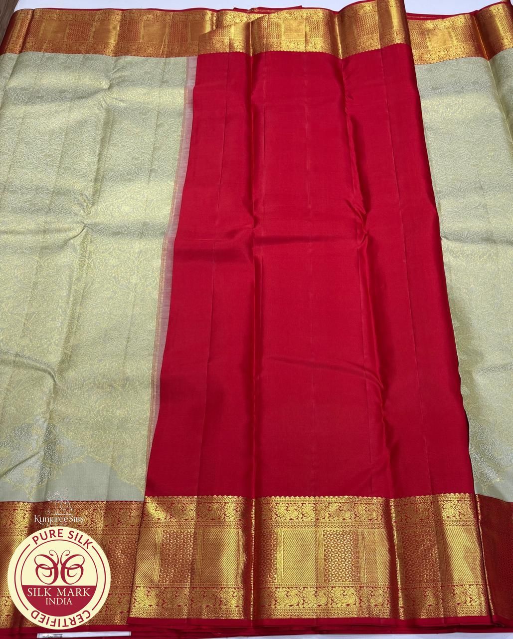 Champagne Gold & Royal Red Bridal Pure Kanjivaram Handloom Silk Saree