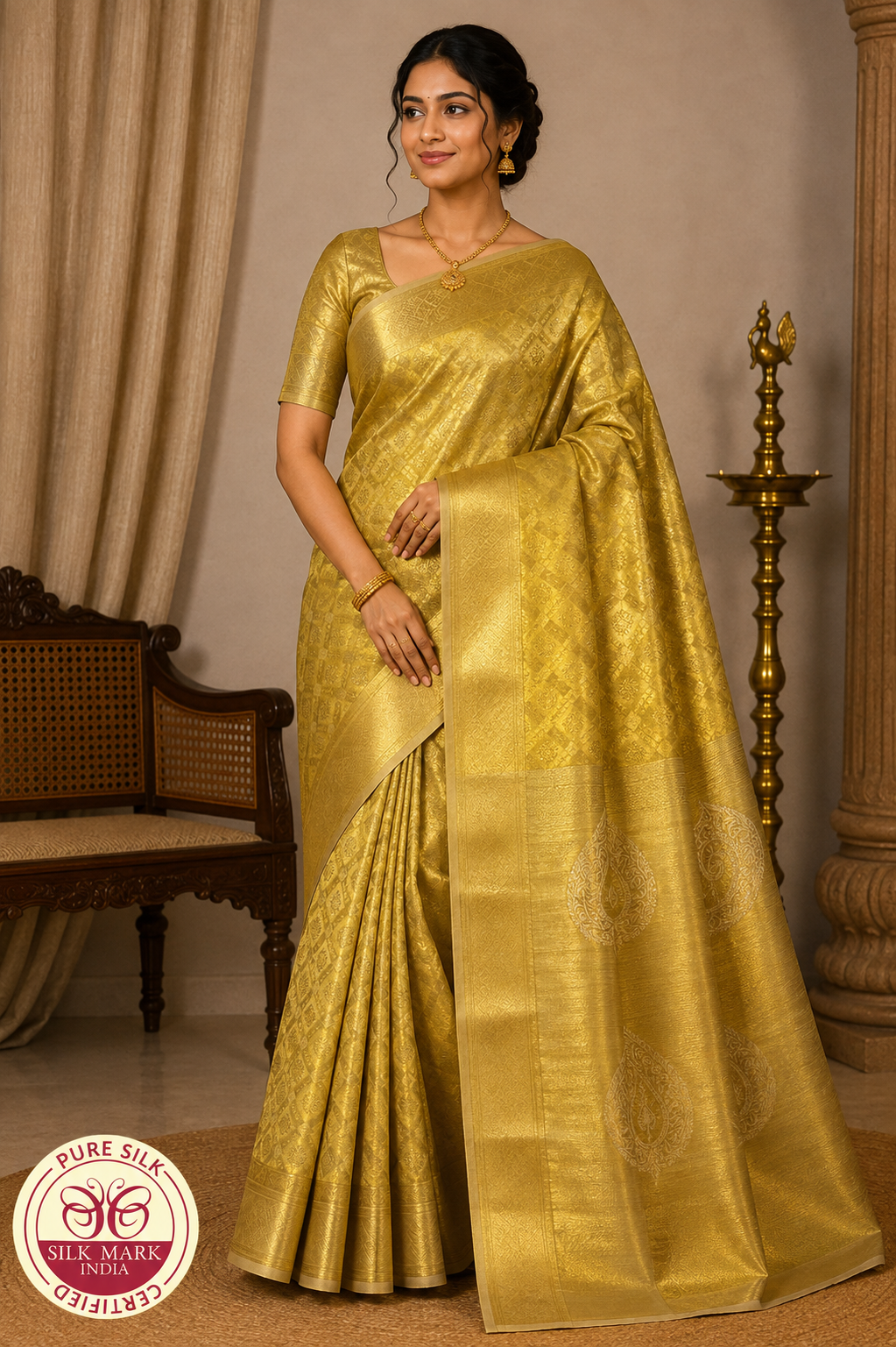 Pure Handloom Kanjivaram Silk Bridal Saree in Rich Antique Gold with All-Over Geometric Zari Weave & Paisley Pallu