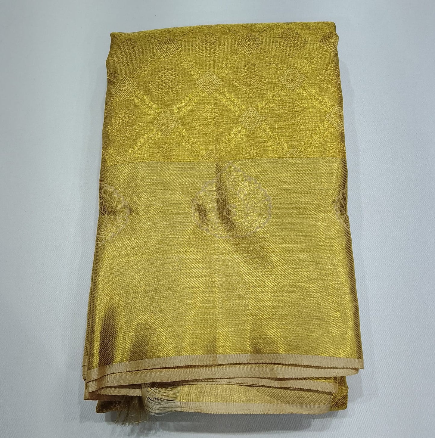 Pure Handloom Kanjivaram Silk Bridal Saree in Rich Antique Gold with All-Over Geometric Zari Weave & Paisley Pallu