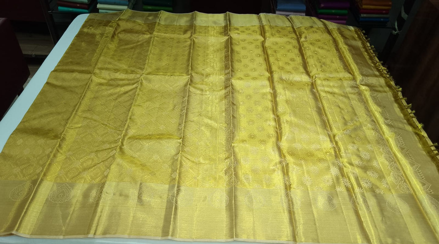 Pure Handloom Kanjivaram Silk Bridal Saree in Rich Antique Gold with All-Over Geometric Zari Weave & Paisley Pallu