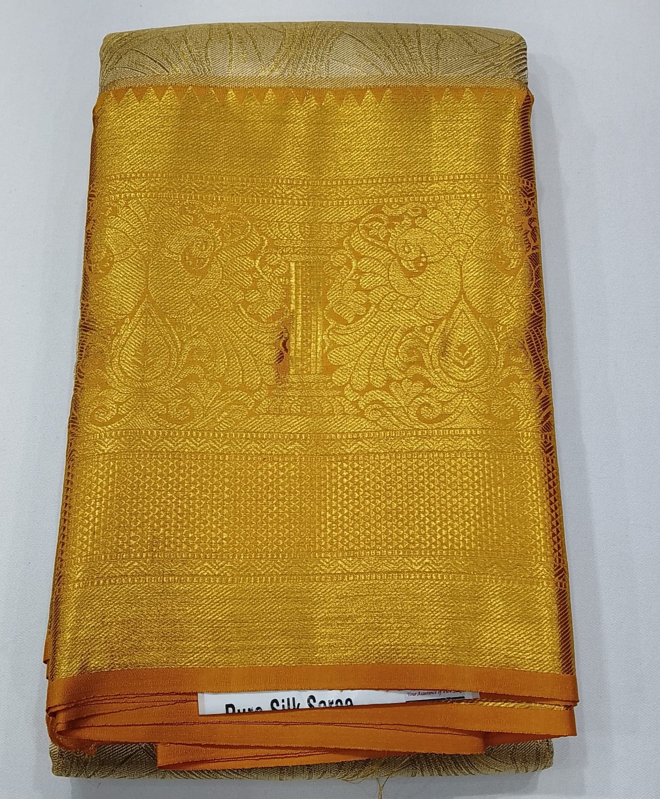 Pure Handloom Kanjivaram Silk Bridal Saree – Champagne Gold with Traditional Mustard Gold Zari