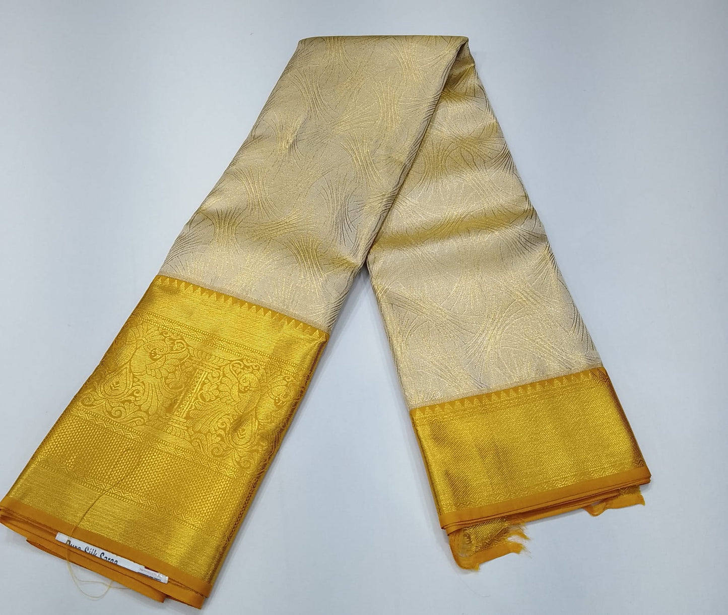 Pure Handloom Kanjivaram Silk Bridal Saree – Champagne Gold with Traditional Mustard Gold Zari