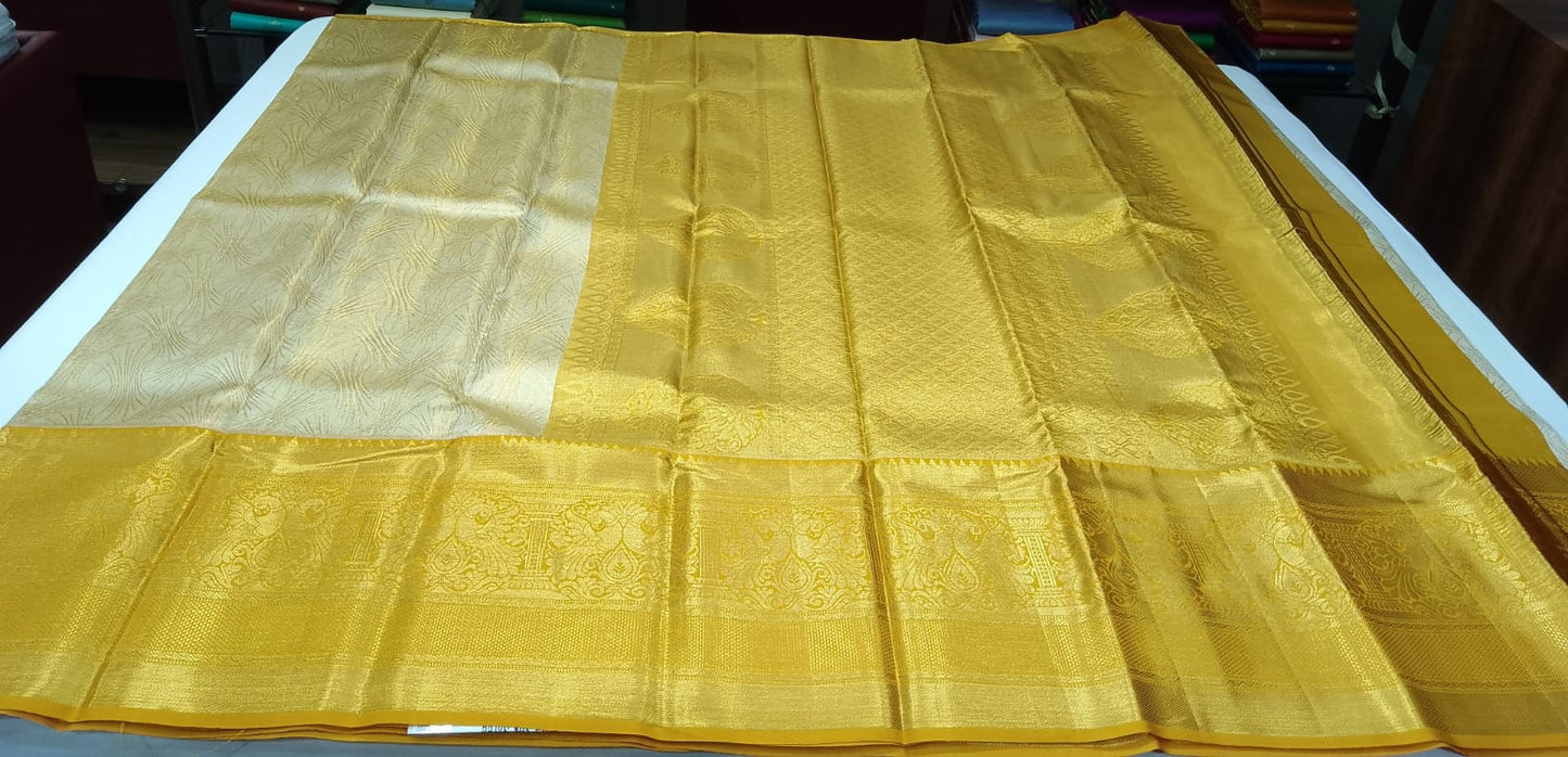Pure Handloom Kanjivaram Silk Bridal Saree – Champagne Gold with Traditional Mustard Gold Zari