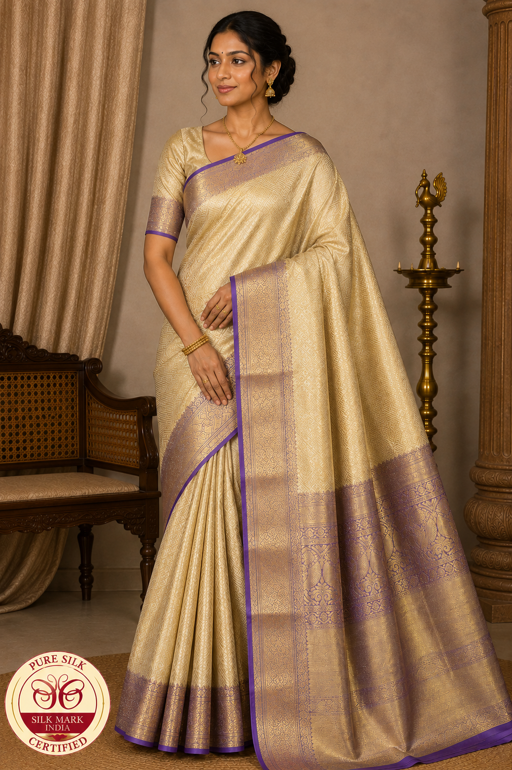 Pure Handloom Kanjivaram Silk Bridal Saree – Antique Gold with Rich Purple Zari Border & Pallu