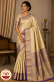 Pure Handloom Kanjivaram Silk Bridal Saree – Antique Gold with Rich Purple Zari Border & Pallu