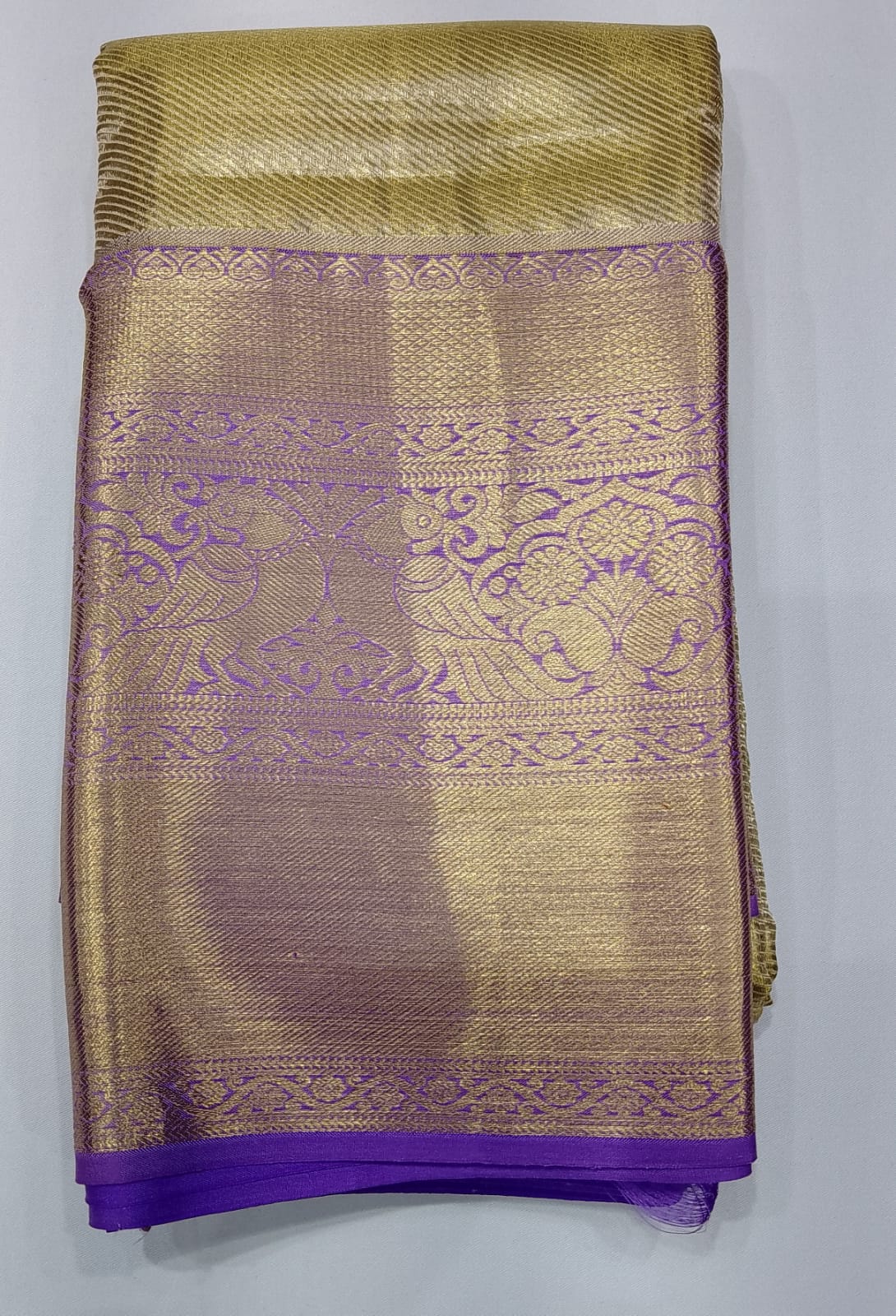 Pure Handloom Kanjivaram Silk Bridal Saree – Antique Gold with Rich Purple Zari Border & Pallu