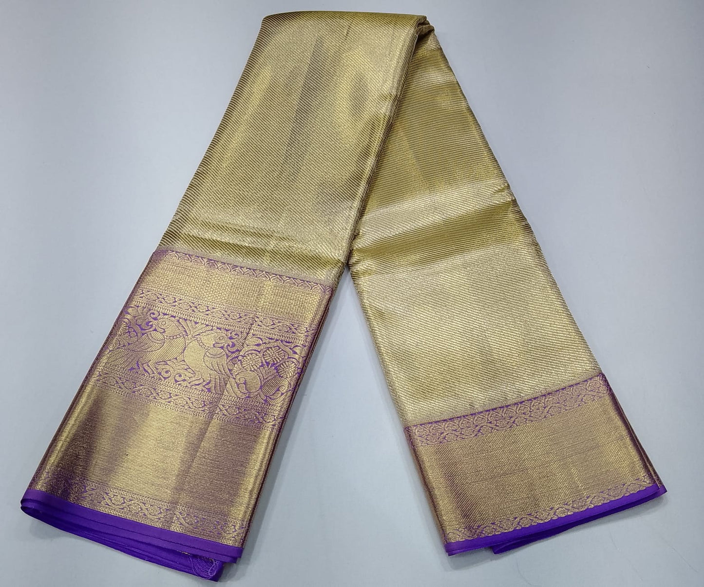 Pure Handloom Kanjivaram Silk Bridal Saree – Antique Gold with Rich Purple Zari Border & Pallu