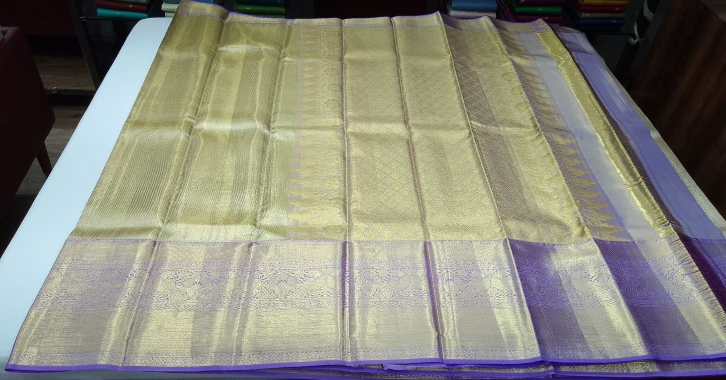 Pure Handloom Kanjivaram Silk Bridal Saree – Antique Gold with Rich Purple Zari Border & Pallu