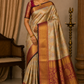 Pure Handloom Kanjivaram Silk Bridal Saree – Antique Gold with Multicolour Floral Brocade & Magenta Zari Border