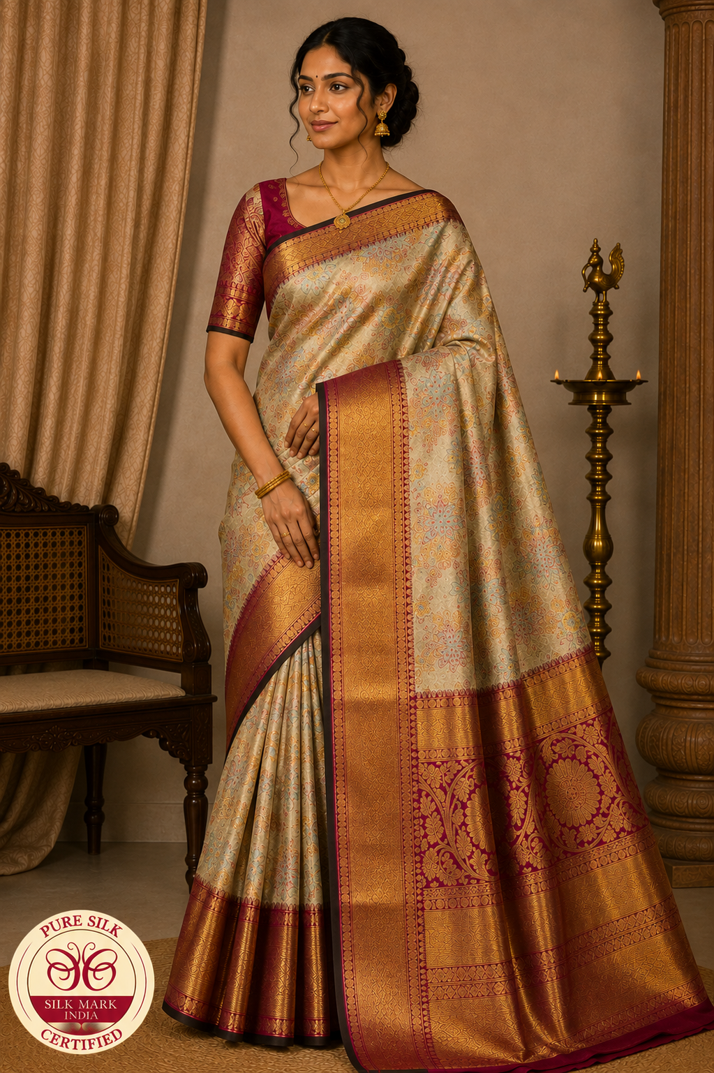 Pure Handloom Kanjivaram Silk Bridal Saree – Antique Gold with Multicolour Floral Brocade & Magenta Zari Border