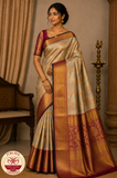 Pure Handloom Kanjivaram Silk Bridal Saree – Antique Gold with Multicolour Floral Brocade & Magenta Zari Border