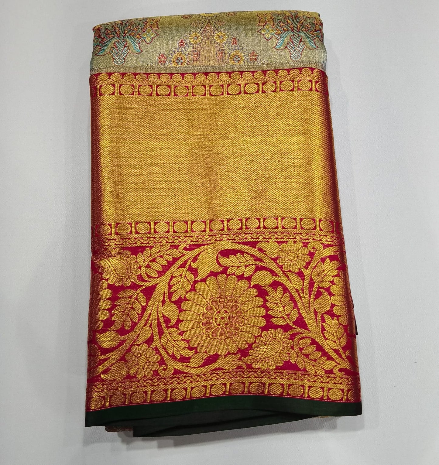 Pure Handloom Kanjivaram Silk Bridal Saree – Antique Gold with Multicolour Floral Brocade & Magenta Zari Border