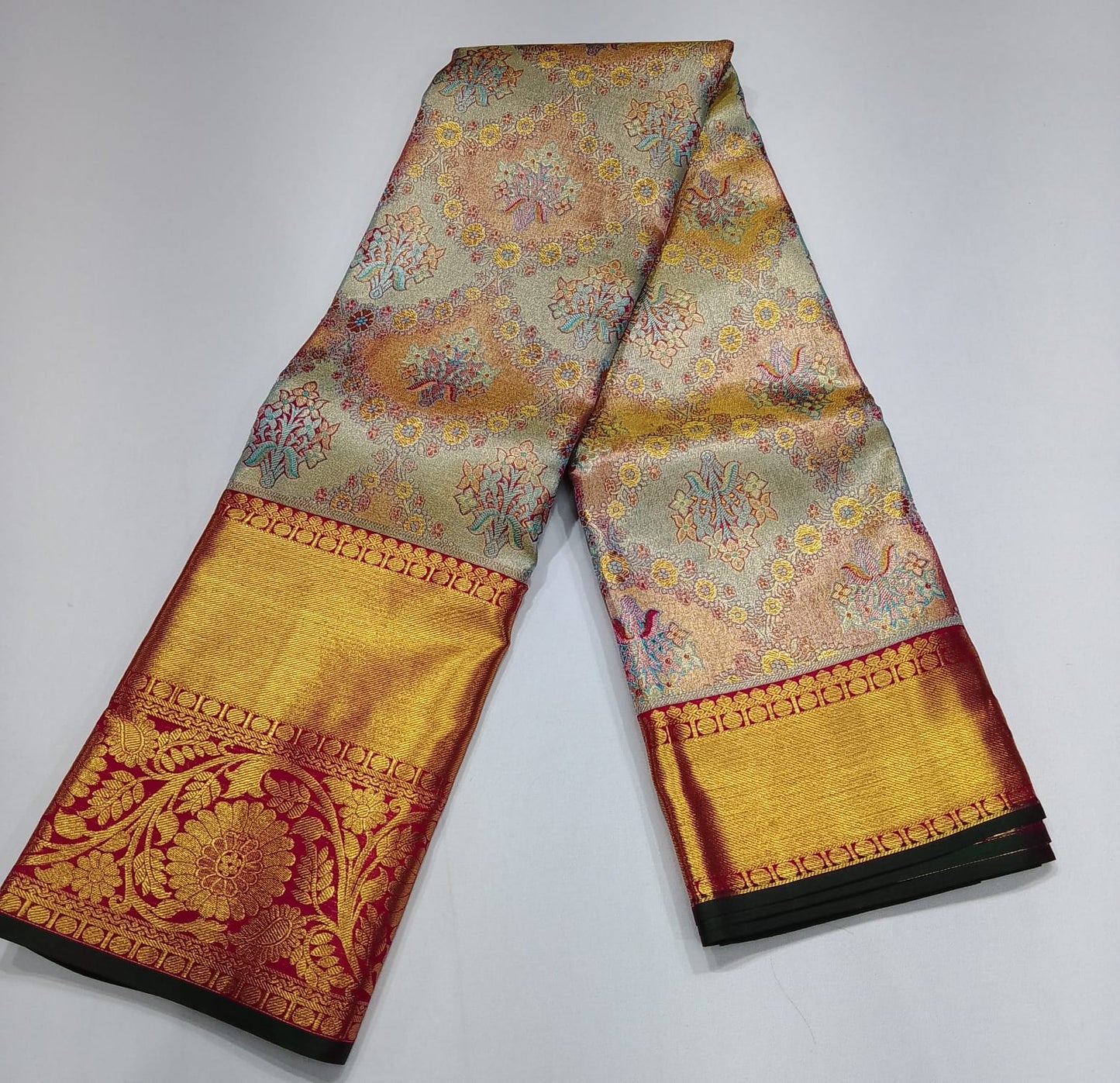 Pure Handloom Kanjivaram Silk Bridal Saree – Antique Gold with Multicolour Floral Brocade & Magenta Zari Border