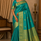 Pure Handloom Kanjivaram Silk Saree – Peacock Teal Blue with Antique Gold Zari