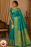 Pure Handloom Kanjivaram Silk Saree – Peacock Teal Blue with Antique Gold Zari