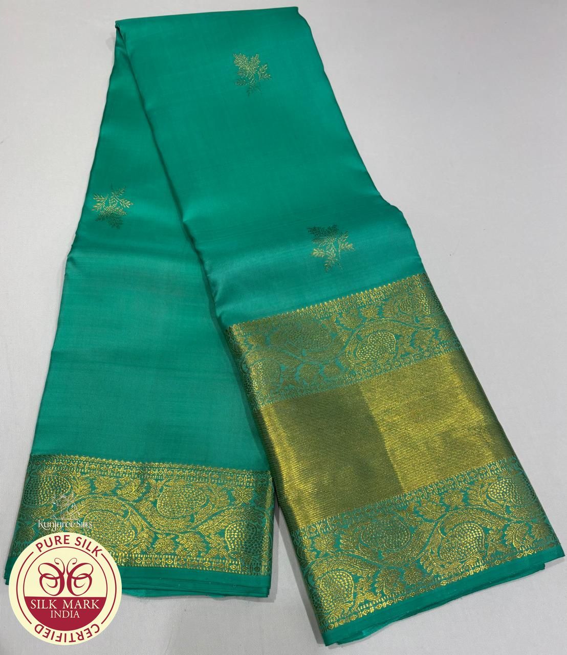 Pure Handloom Kanjivaram Silk Saree – Peacock Teal Blue with Antique Gold Zari