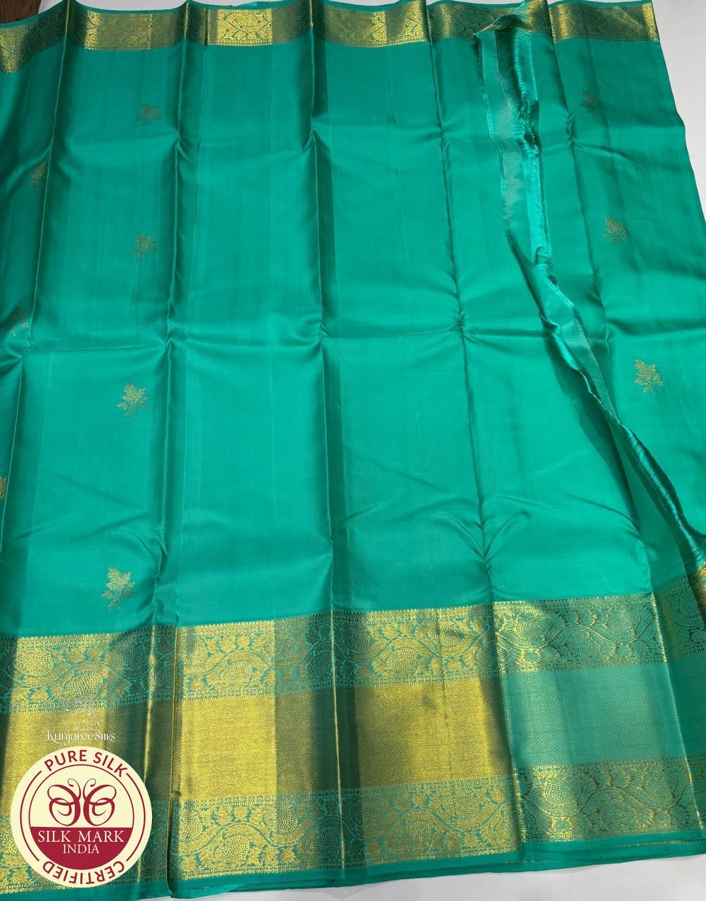 Pure Handloom Kanjivaram Silk Saree – Peacock Teal Blue with Antique Gold Zari
