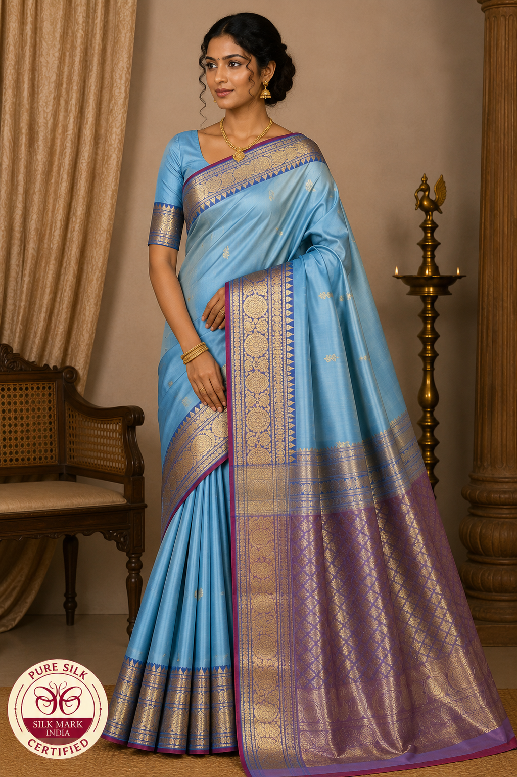Pure Handloom Kanjivaram Silk Saree – Sky Blue with Mauve Purple Pallu & Antique Gold Zari