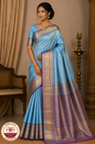 Pure Handloom Kanjivaram Silk Saree – Sky Blue with Mauve Purple Pallu & Antique Gold Zari