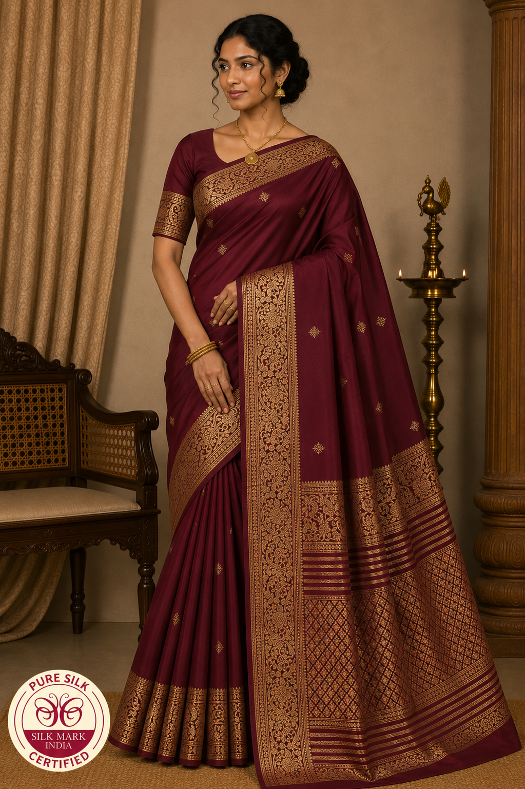 Pure Handloom Kanjivaram Silk Saree – Deep Maroon with Rich Antique Gold Zari