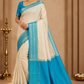 Ivory Cream & Turquoise Blue Mysore Semi Silk Saree with Antique Gold Zari