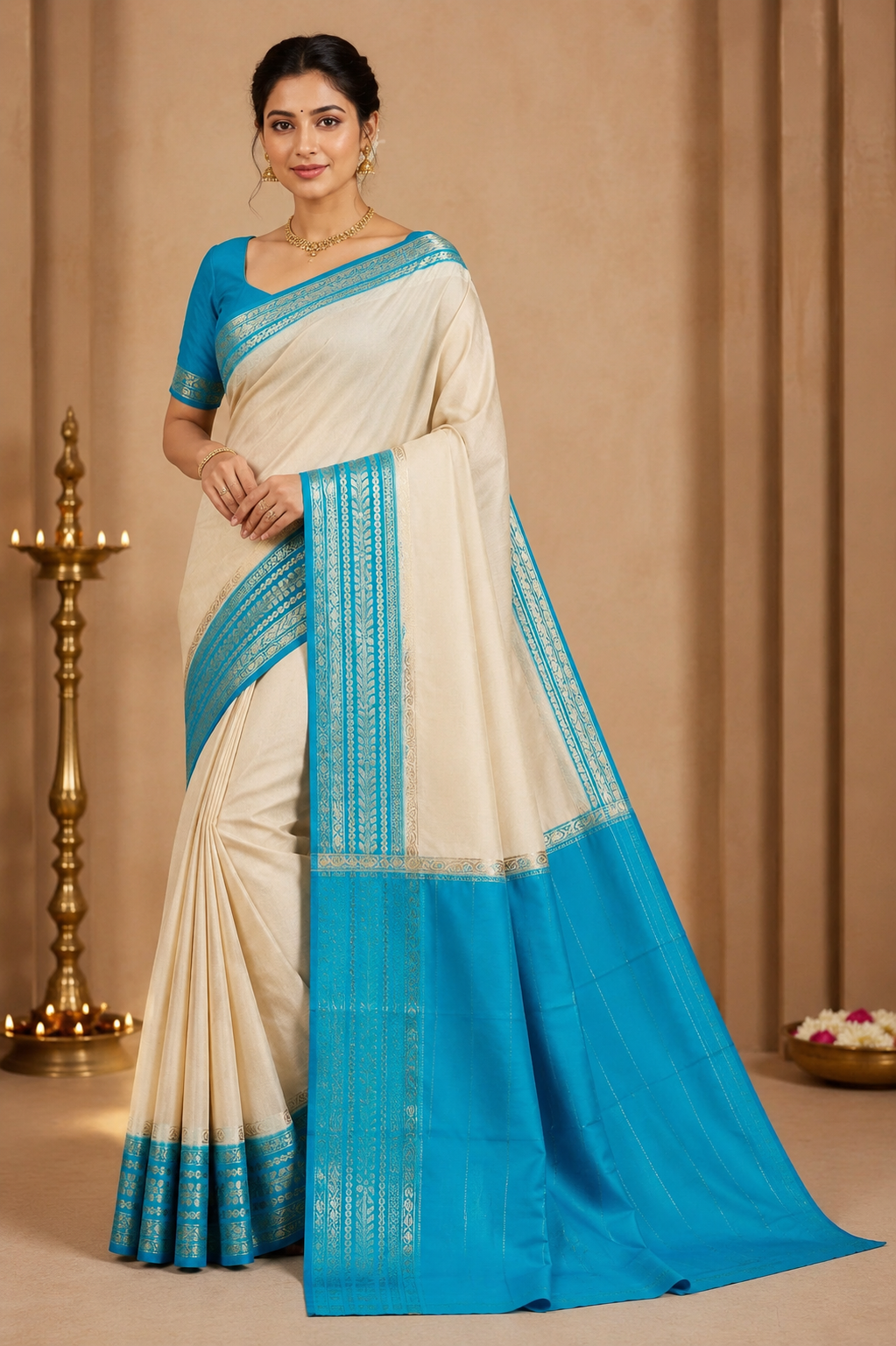 Ivory Cream & Turquoise Blue Mysore Semi Silk Saree with Antique Gold Zari
