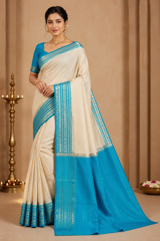 Ivory Cream & Turquoise Blue Mysore Semi Silk Saree with Antique Gold Zari