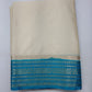 Ivory Cream & Turquoise Blue Mysore Semi Silk Saree with Antique Gold Zari