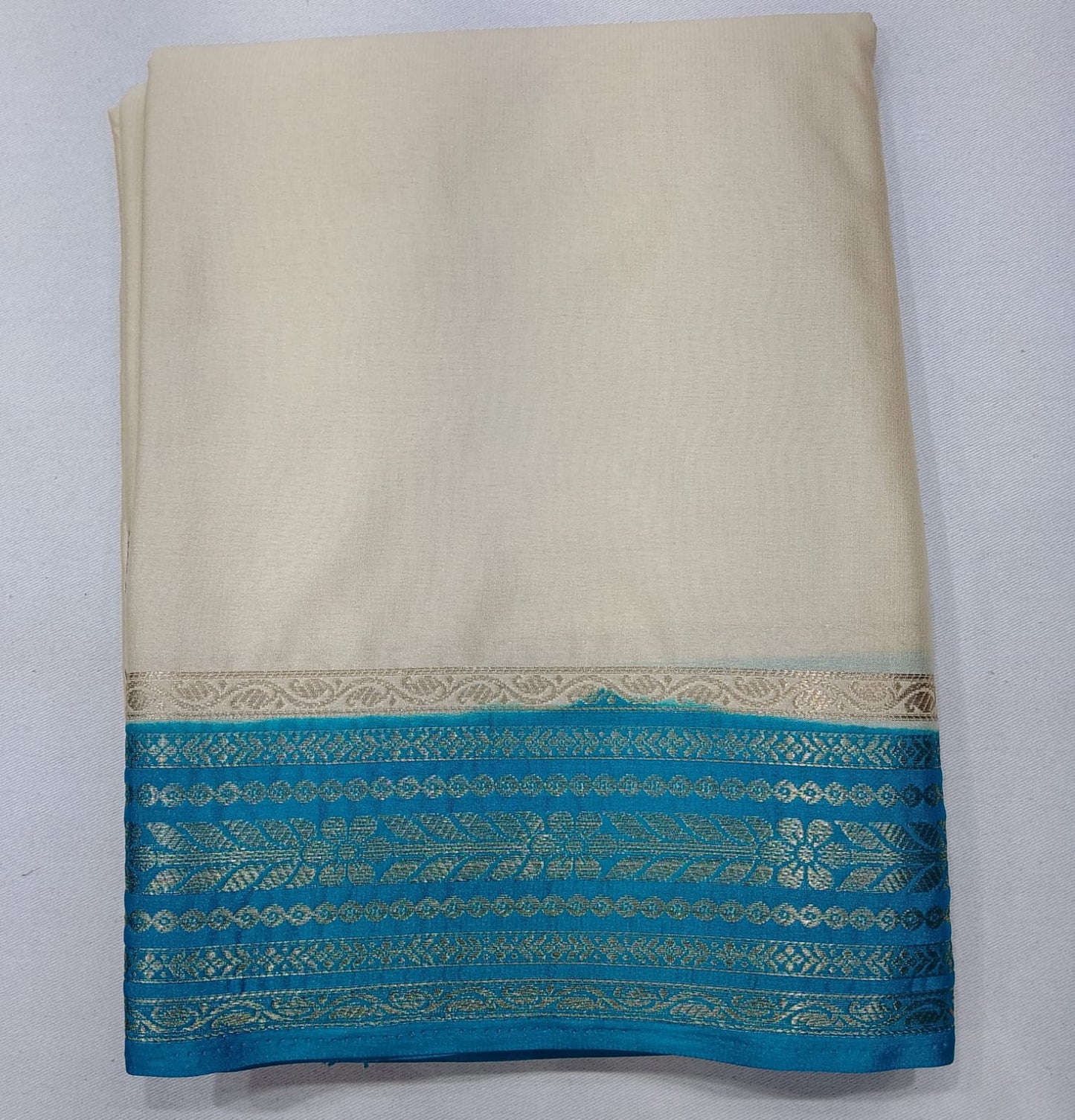 Ivory Cream & Turquoise Blue Mysore Semi Silk Saree with Antique Gold Zari