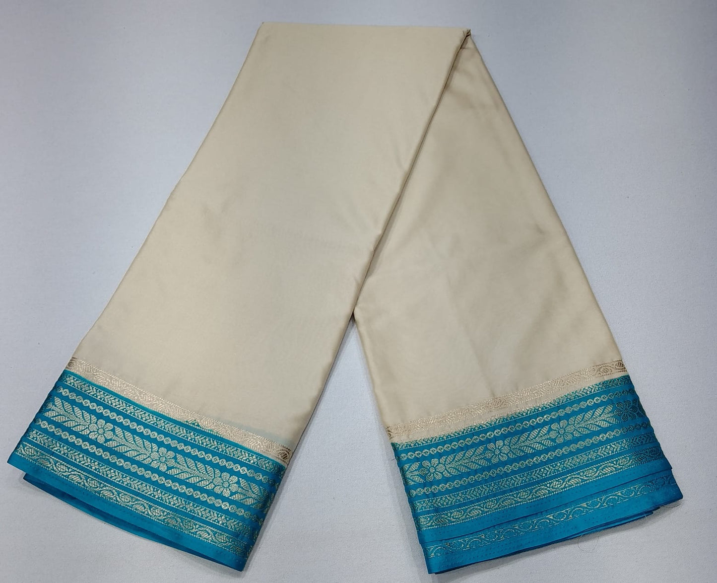 Ivory Cream & Turquoise Blue Mysore Semi Silk Saree with Antique Gold Zari