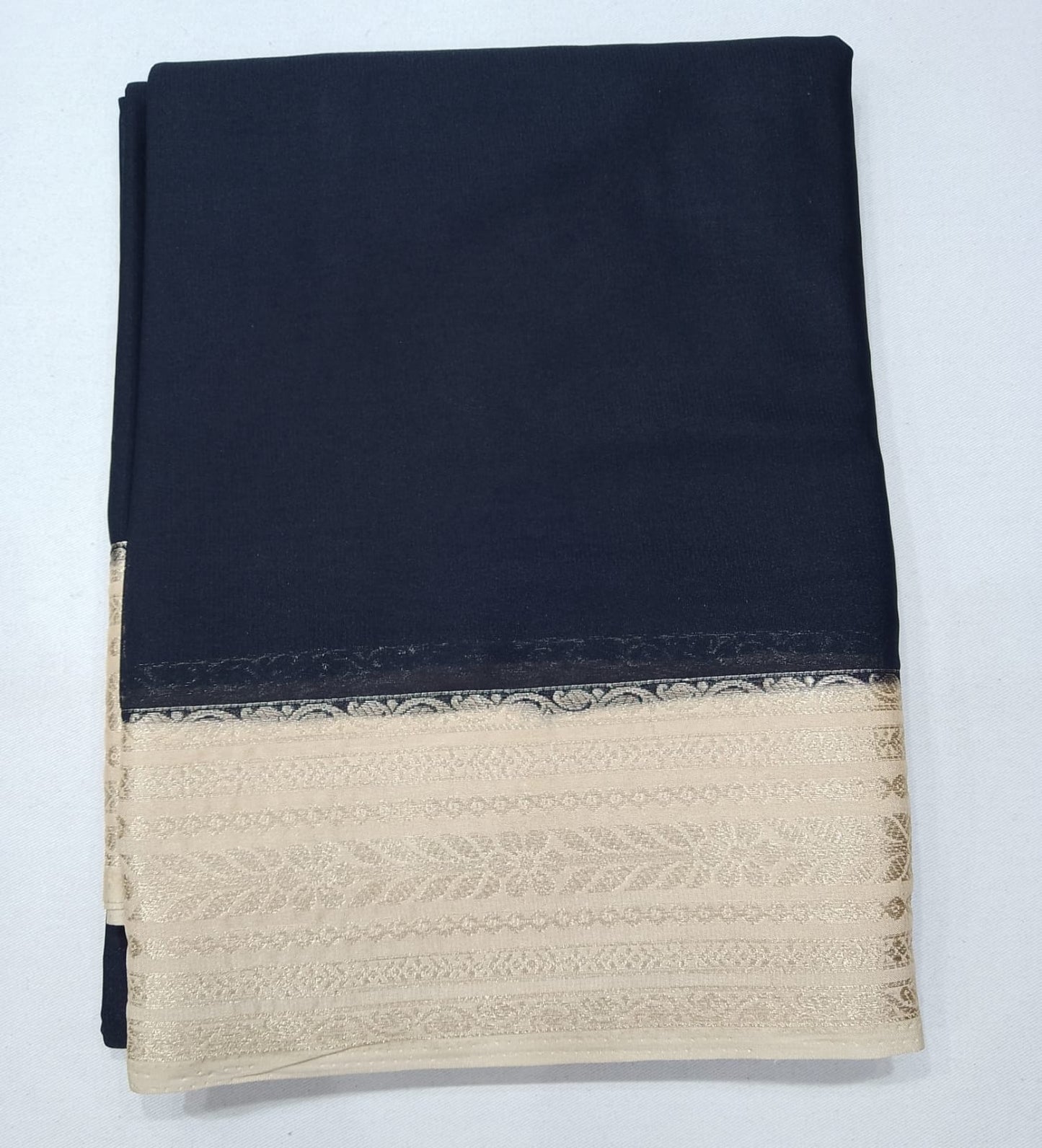 Black & Ivory Mysore Semi Silk Saree with Antique Gold Zari