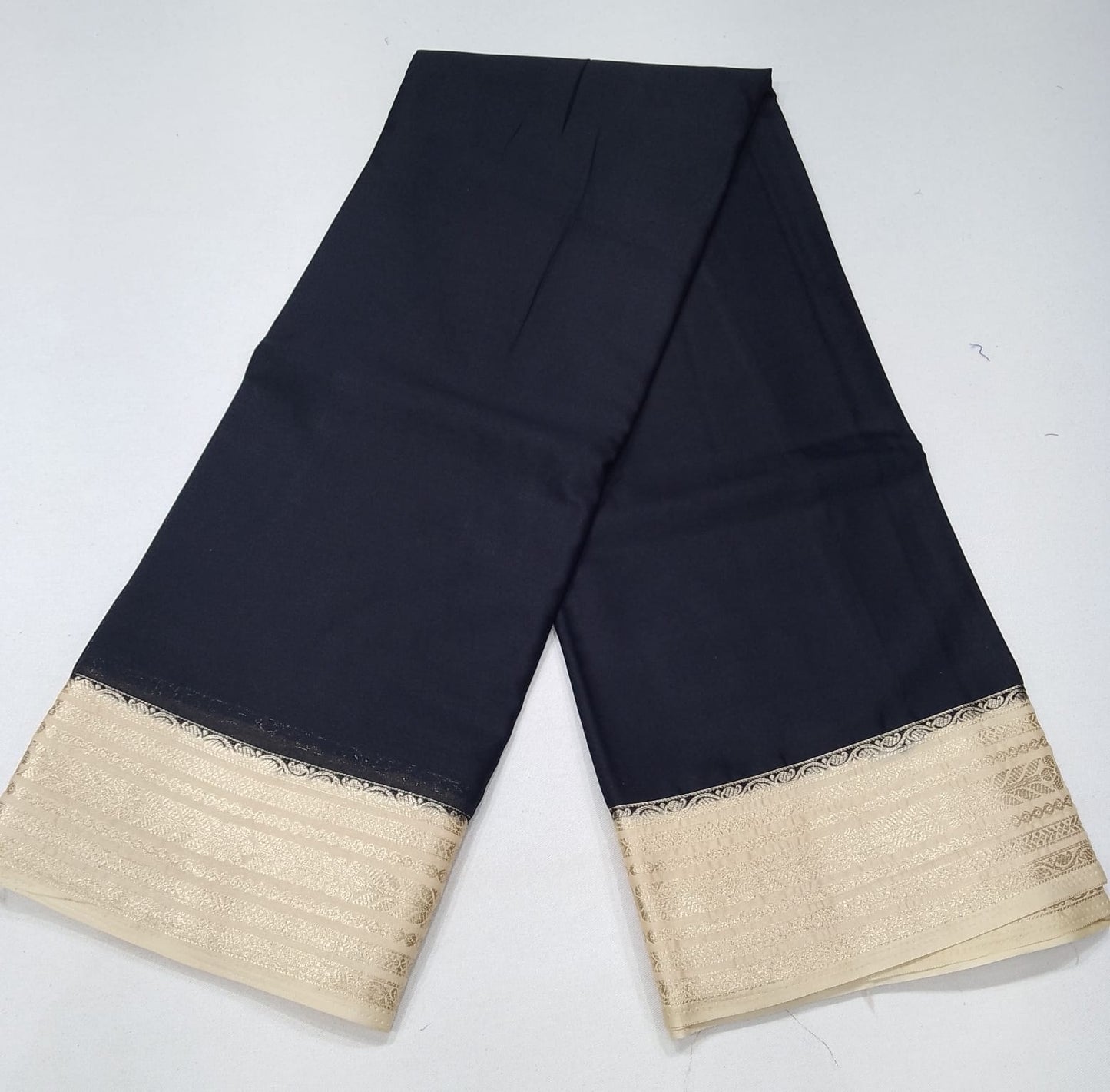 Black & Ivory Mysore Semi Silk Saree with Antique Gold Zari