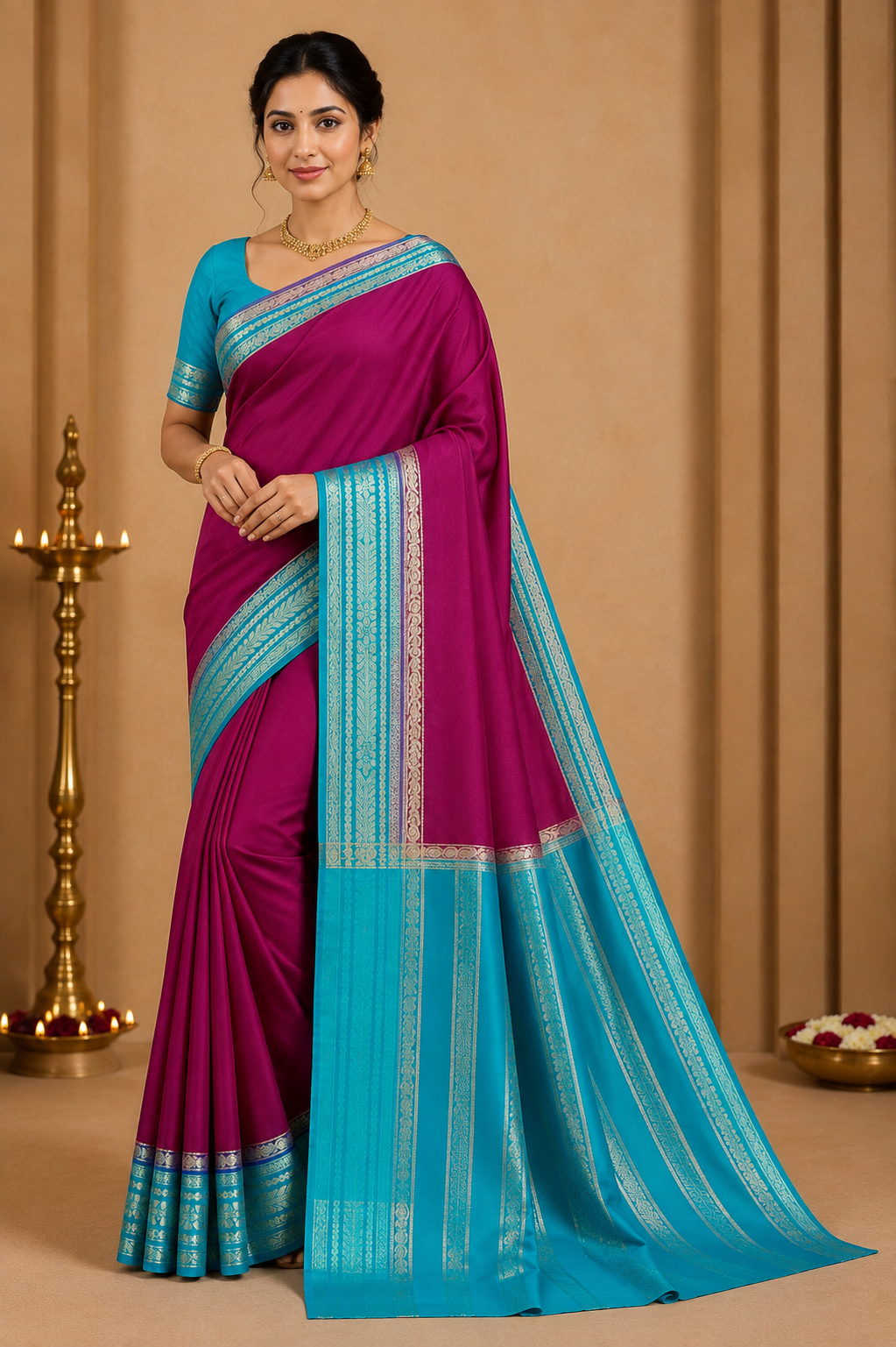 Berry Magenta & Turquoise Blue with Antique Gold Zari