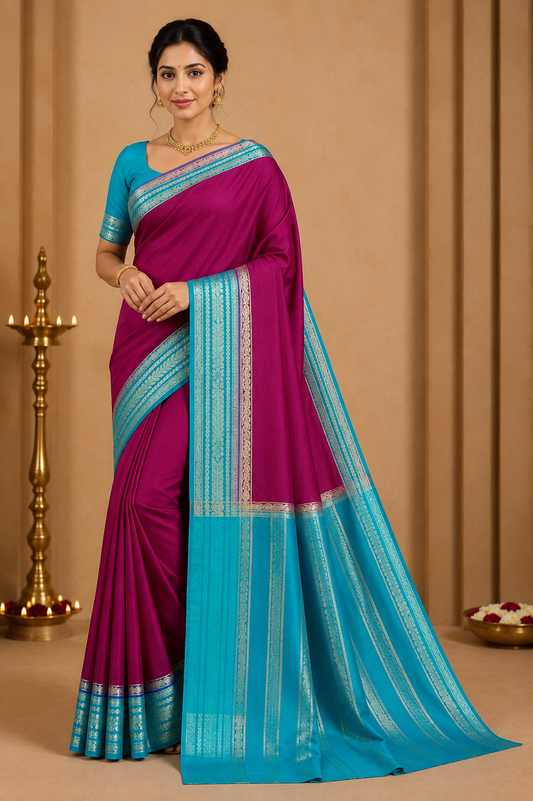Berry Magenta & Turquoise Blue with Antique Gold Zari