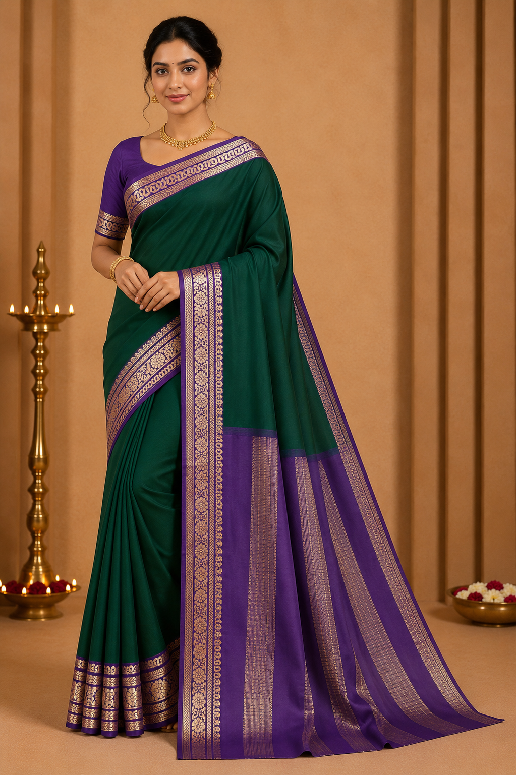 Mysore Semi Silk - Emerald Green & Royal Purple Mysore Semi Silk Saree with Antique Gold Zari