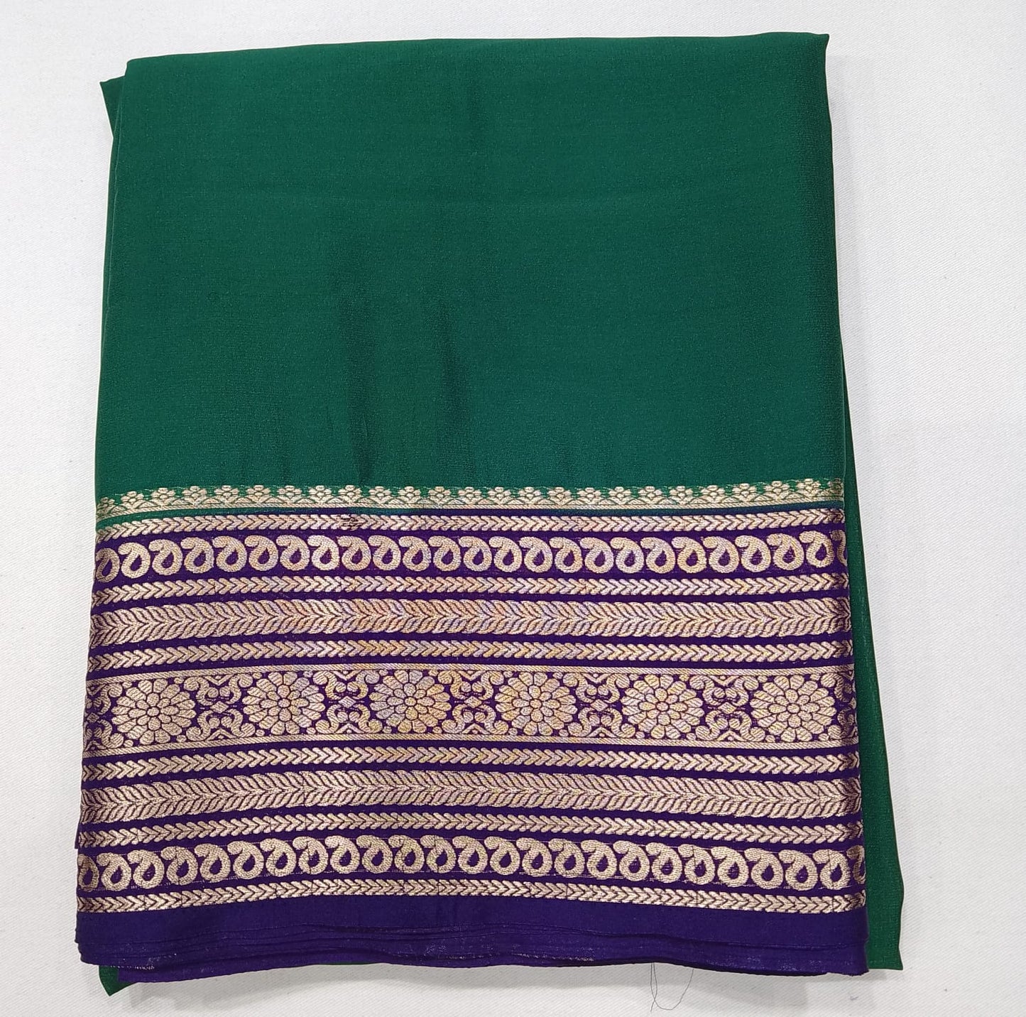 Mysore Semi Silk - Emerald Green & Royal Purple Mysore Semi Silk Saree with Antique Gold Zari