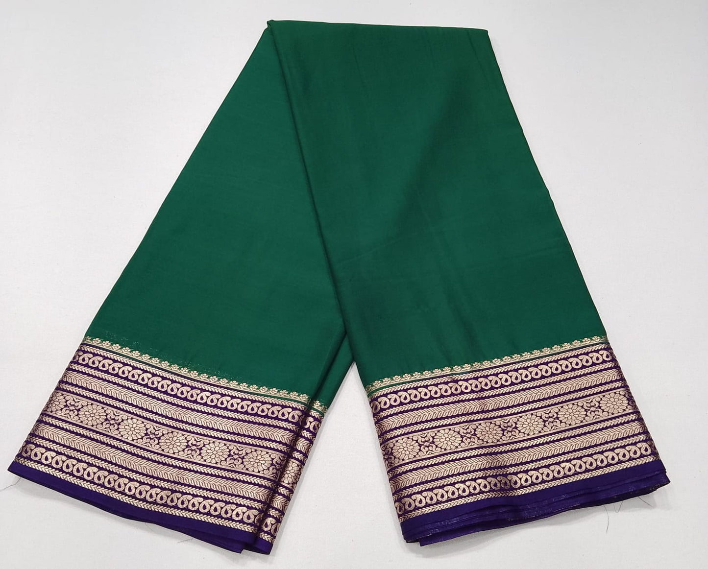 Mysore Semi Silk - Emerald Green & Royal Purple Mysore Semi Silk Saree with Antique Gold Zari