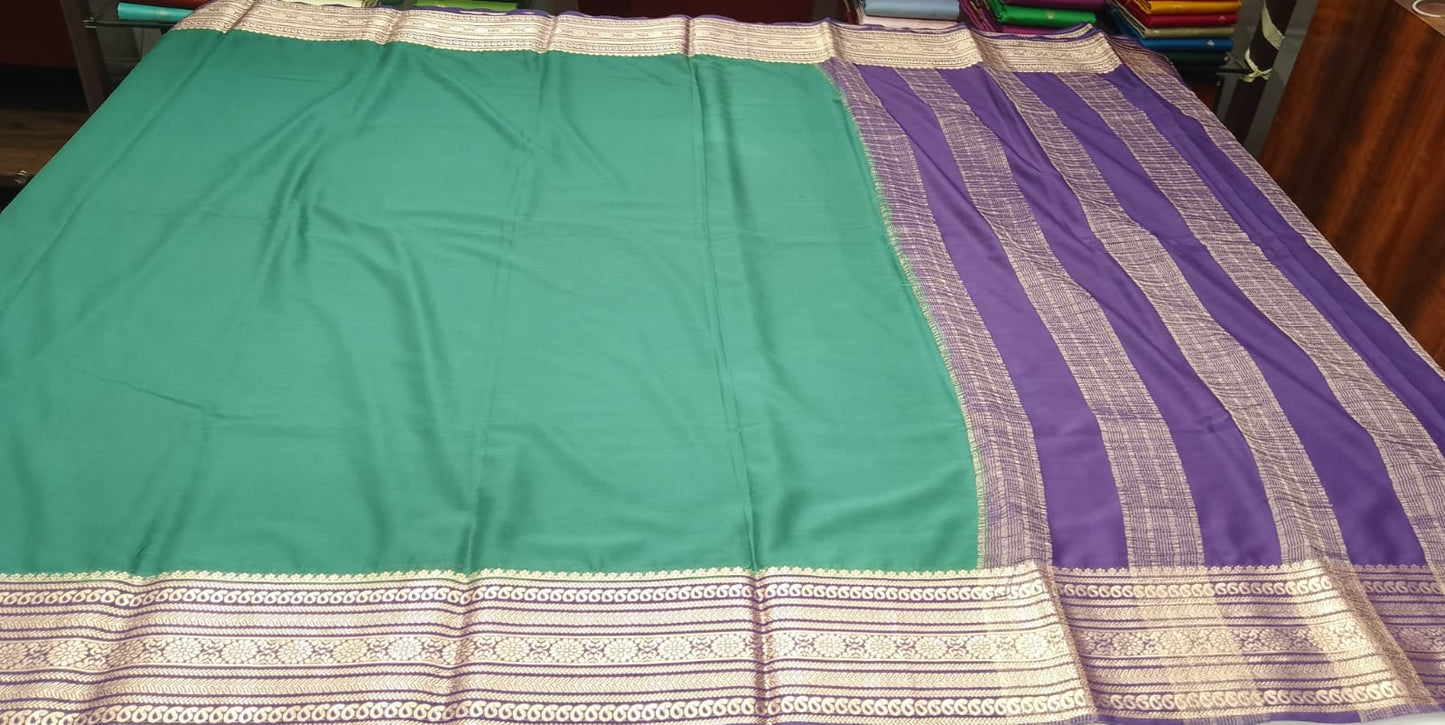 Mysore Semi Silk - Emerald Green & Royal Purple Mysore Semi Silk Saree with Antique Gold Zari