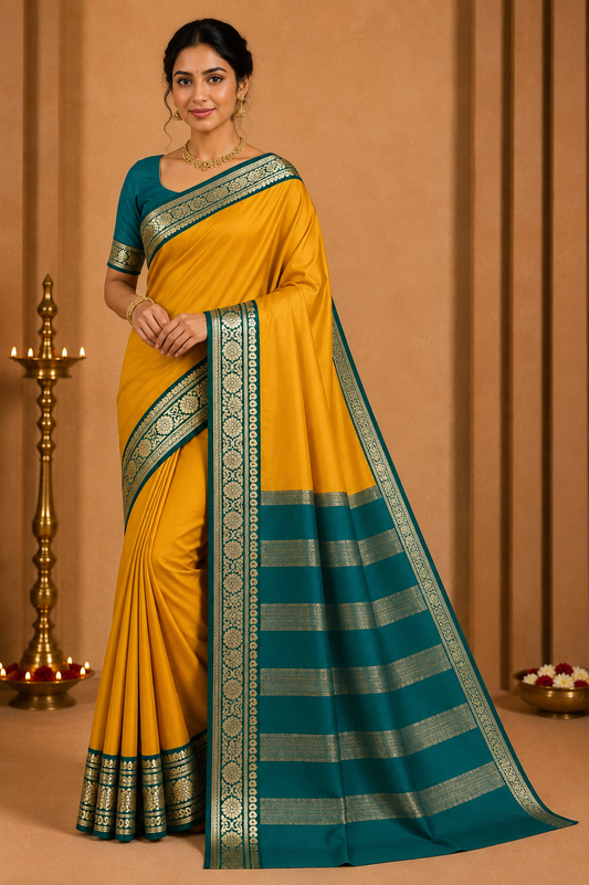 Mysore Silk- Mustard Yellow & Deep Green Mysore Semi Silk Saree with Teal Blue Pallu