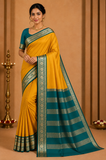 Mysore Silk- Mustard Yellow & Deep Green Mysore Semi Silk Saree with Teal Blue Pallu