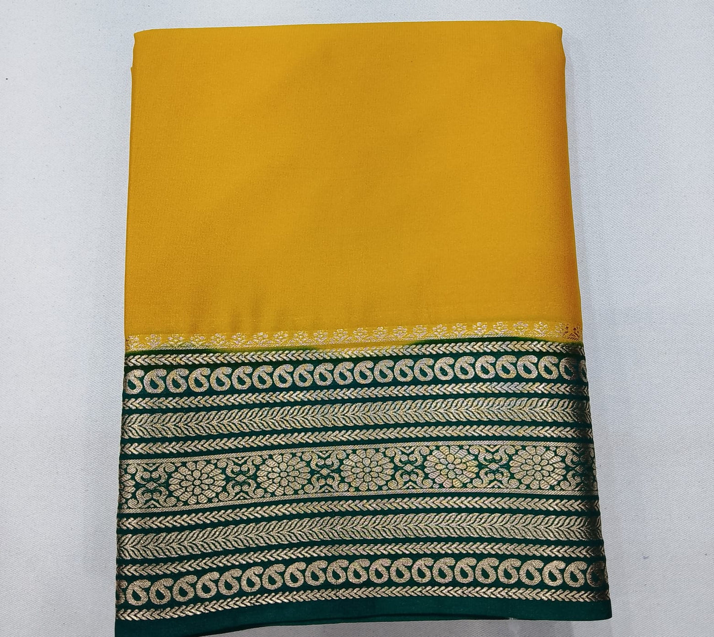 Mysore Silk- Mustard Yellow & Deep Green Mysore Semi Silk Saree with Teal Blue Pallu