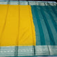Mysore Silk- Mustard Yellow & Deep Green Mysore Semi Silk Saree with Teal Blue Pallu