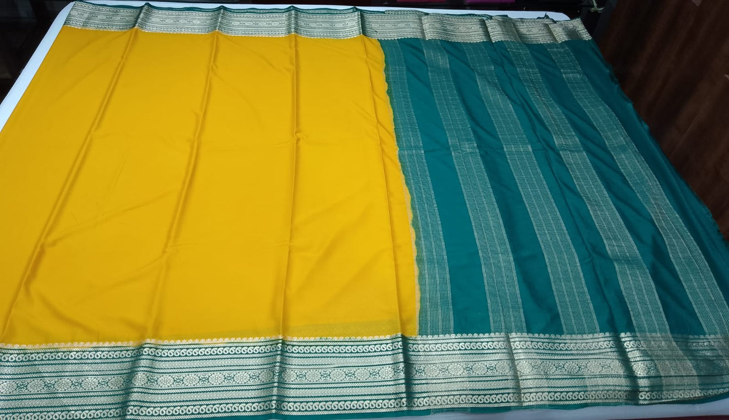 Mysore Silk- Mustard Yellow & Deep Green Mysore Semi Silk Saree with Teal Blue Pallu