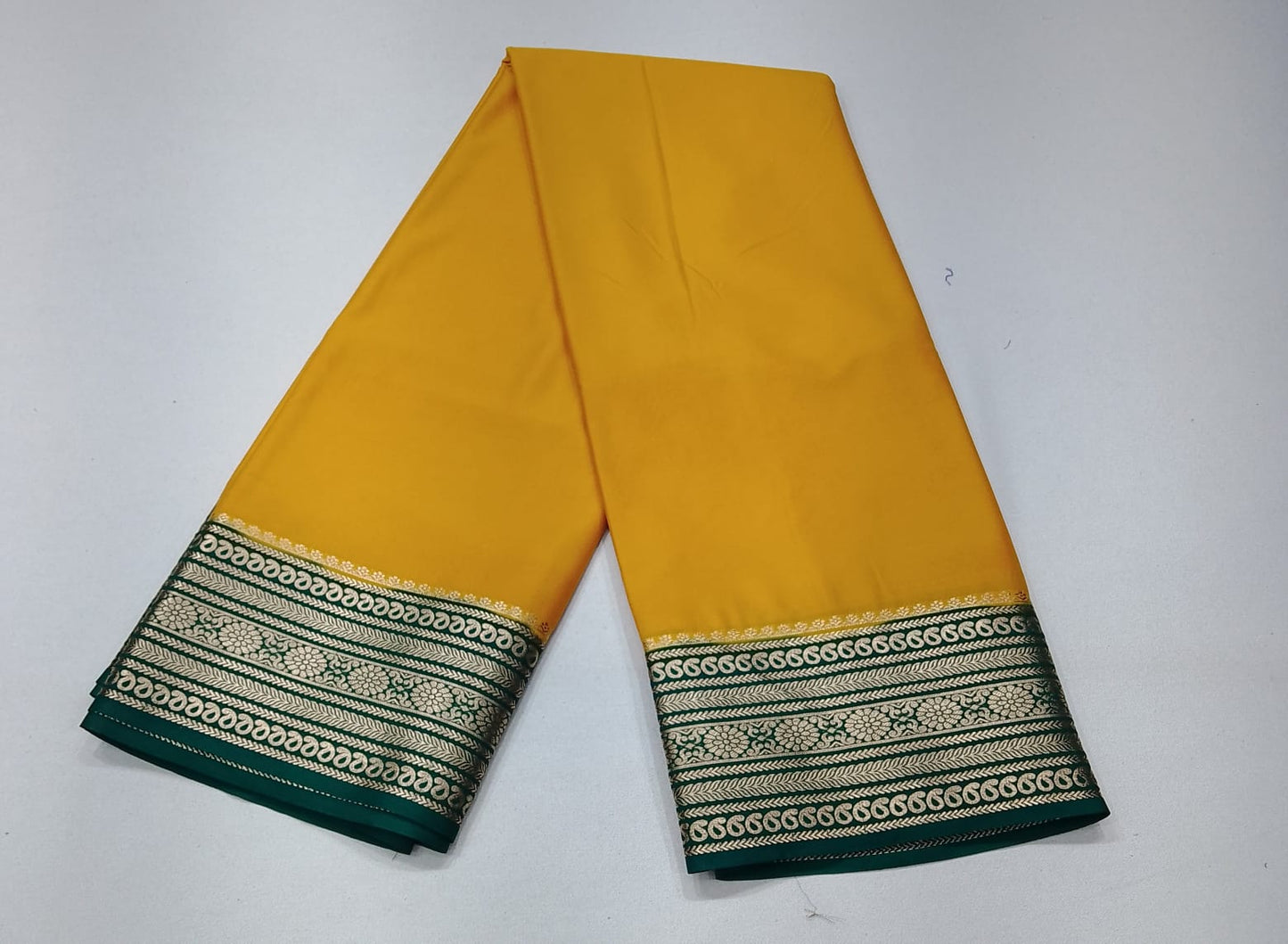 Mysore Silk- Mustard Yellow & Deep Green Mysore Semi Silk Saree with Teal Blue Pallu
