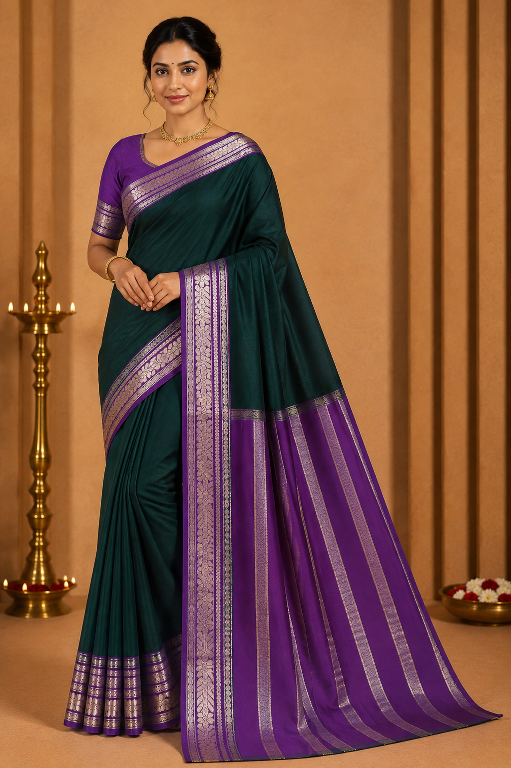 Mysore Silk -Bottle Green & Royal Purple Mysore Semi Silk Saree with Antique Gold Zari