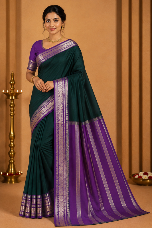 Mysore Silk -Bottle Green & Royal Purple Mysore Semi Silk Saree with Antique Gold Zari