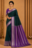 Mysore Silk -Bottle Green & Royal Purple Mysore Semi Silk Saree with Antique Gold Zari