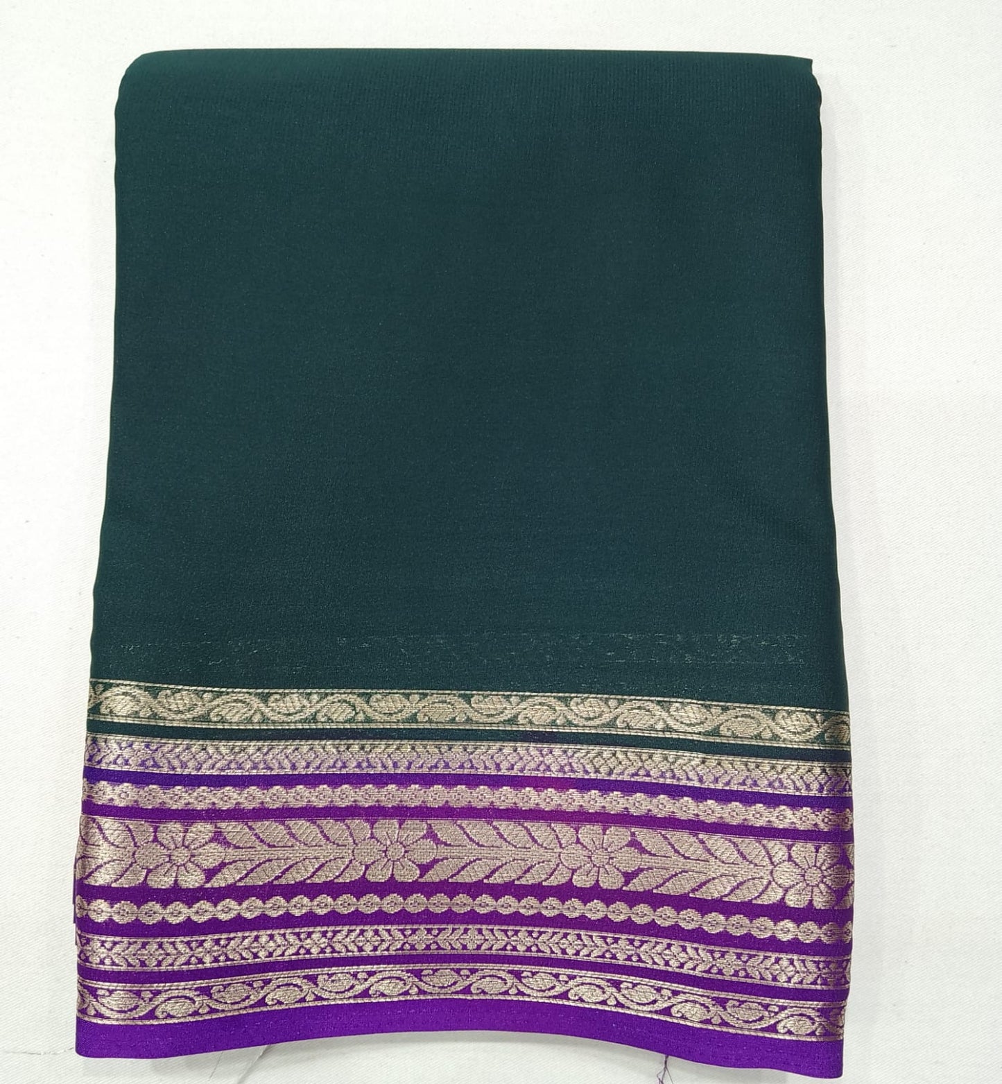 Mysore Silk -Bottle Green & Royal Purple Mysore Semi Silk Saree with Antique Gold Zari
