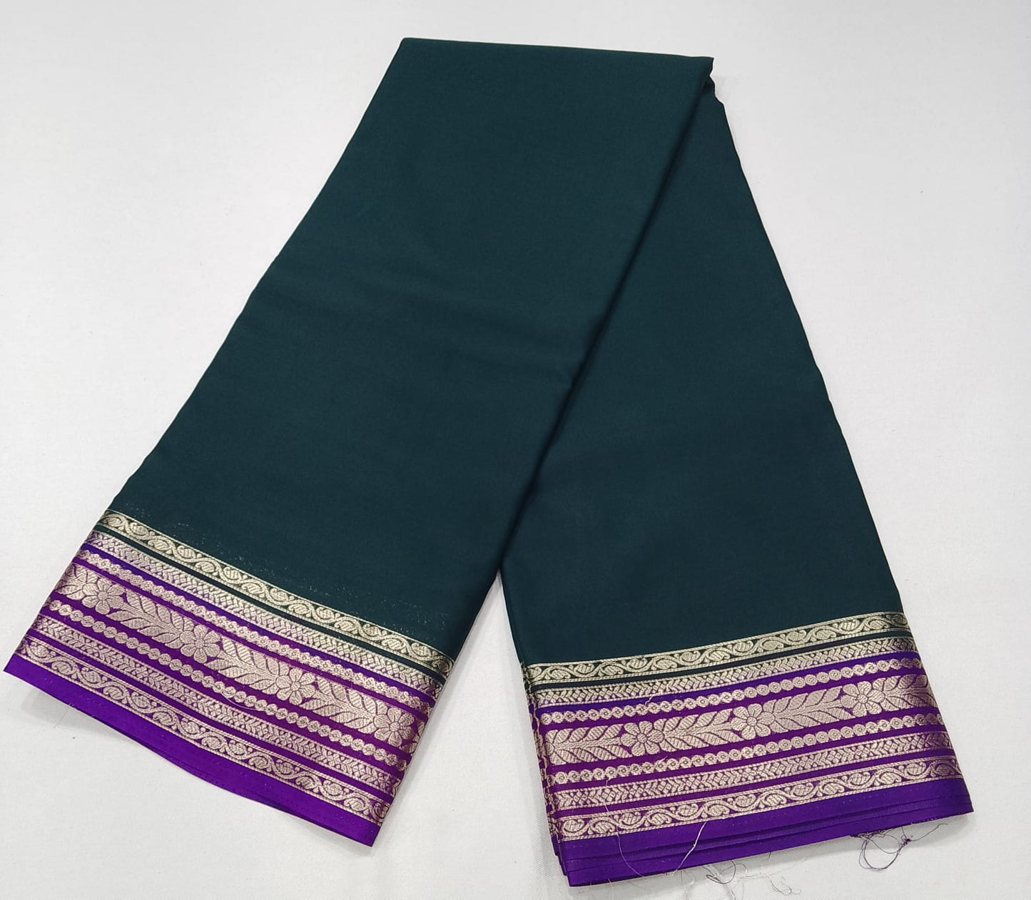 Mysore Silk -Bottle Green & Royal Purple Mysore Semi Silk Saree with Antique Gold Zari